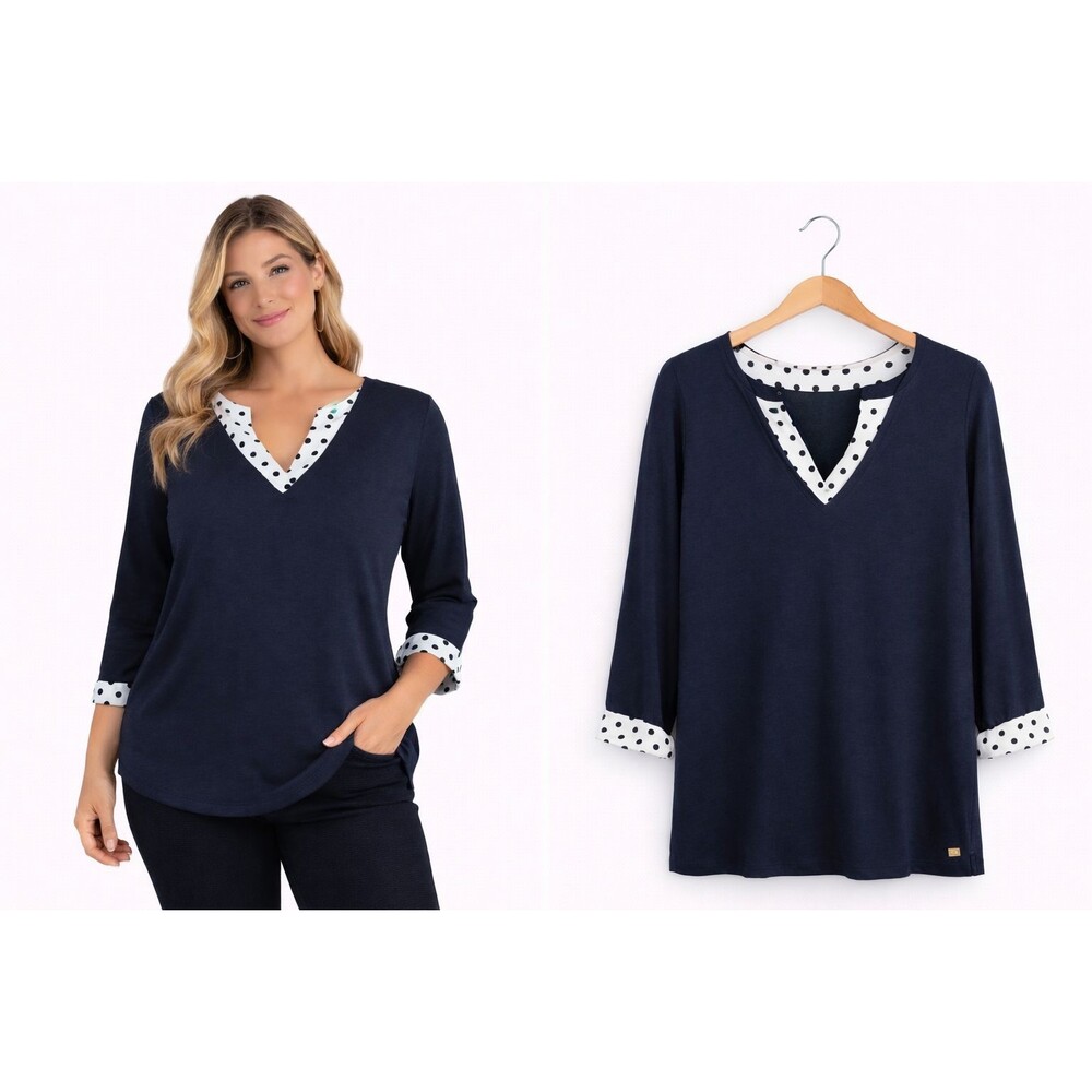 New Peck Peck Knit Top Size Small Navy Blue Polka Dot Cuffs Collar 3/4 Sleeve